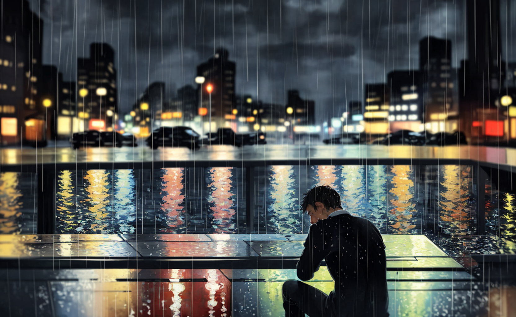 00952-1682600818-(masterpiece),(blurry),vague,Impressionism,scenery,depth of field,_1 man,sitting,back view,_city,downtown,on street,(raining_1.2.png